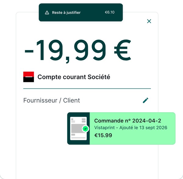 Transaction de -19,99 € à justifier avec la commande rapprochée